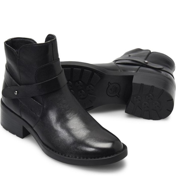 Born Tori leather Boots size 8 black cross strap bootie basic heeled motorcycle - Picture 2 of 12